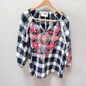 Savanna Jane M Women's Black & White Plaid Embroidered Floral Boho‎ Top